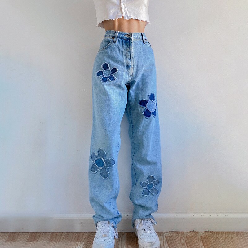Women&s Jeans 2022 Trend Fall New Flower Pattern Stitching Contrast Color High Waist Straight Denim Pants Casual Loose Trousers
